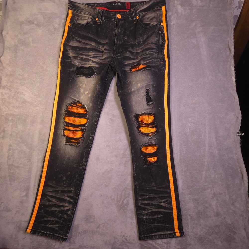 Makobi Jeans Men 38x32 Black Orange Distressed Rhinestone Streetwear Biker Denim